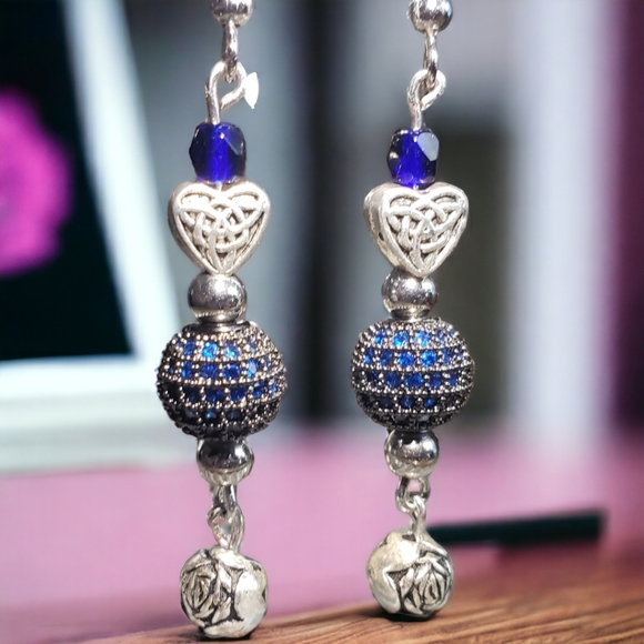 Silver Heart and Rose Beaded, Sapphire Accented Handcrafted Earrings - Picture 4 of 8